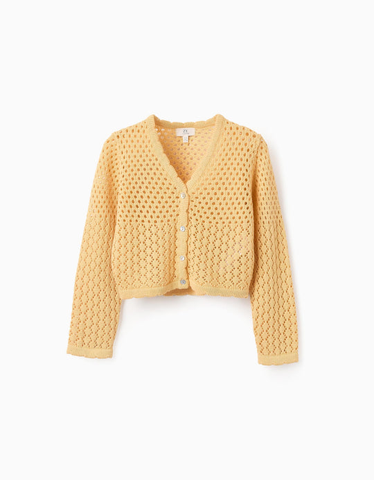 Cardigan in Cotton with Openwork for Girls, Yellow
