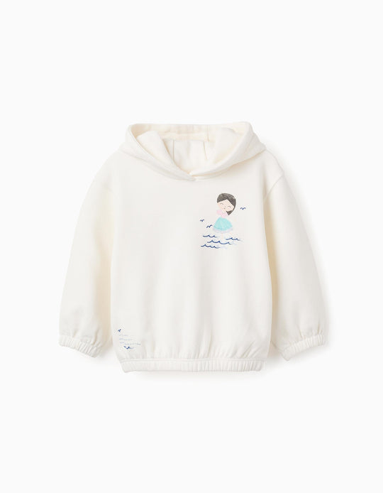 Cotton Hooded Sweatshirt for Baby Girls 'Waves', White