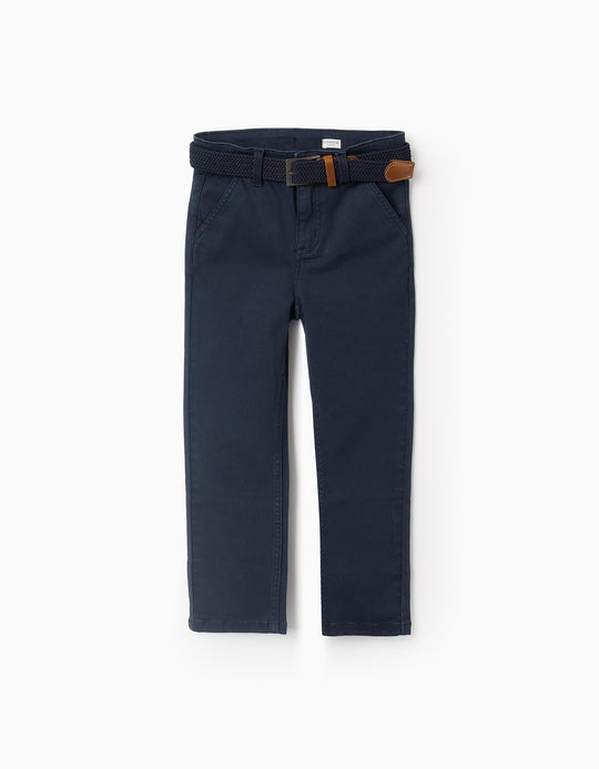 Slim Chino Twill Trousers with Belt for Boys, Dark Blue