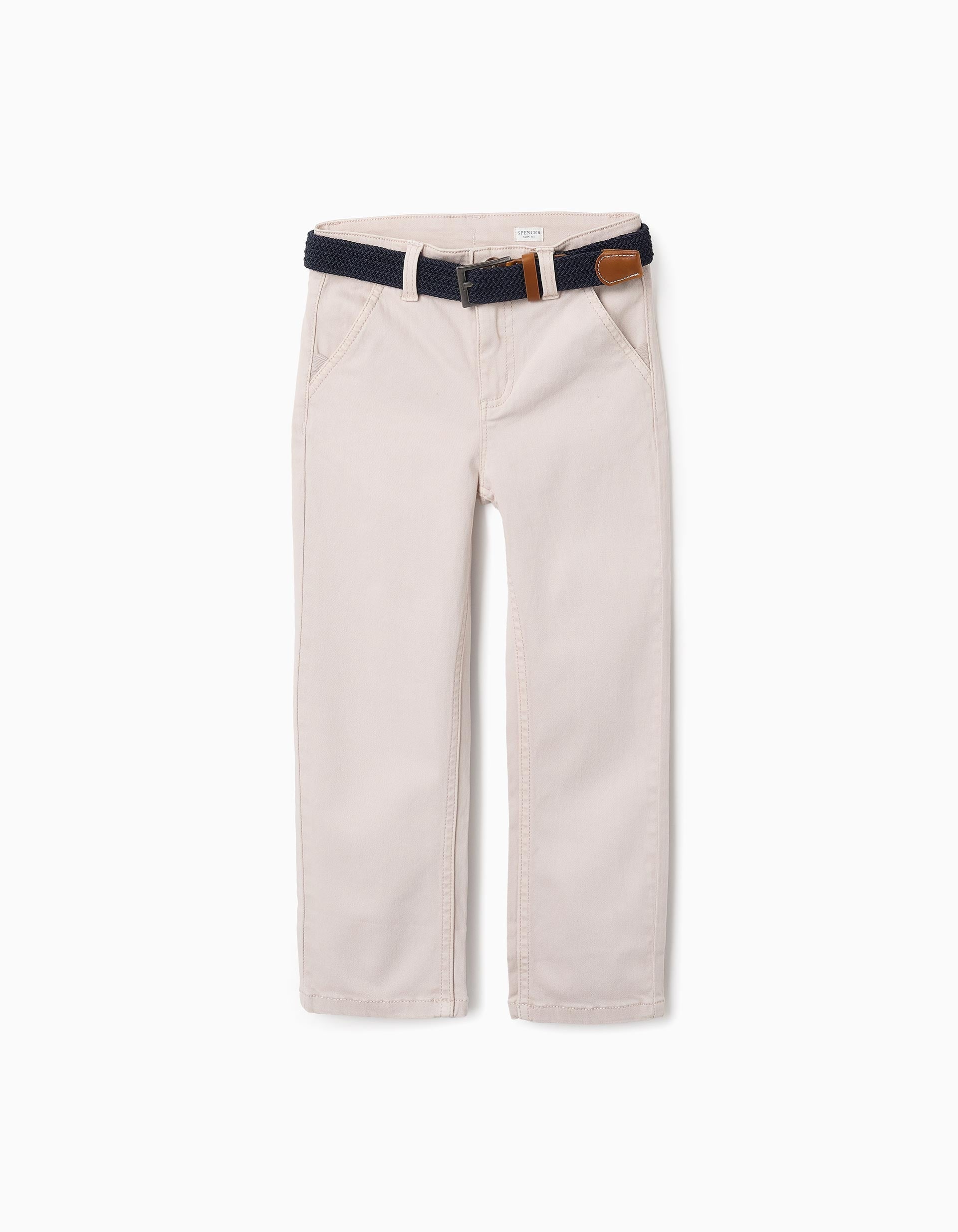 Slim Chino Twill Trousers with Belt for Boys, Beige | Ziddy KSA