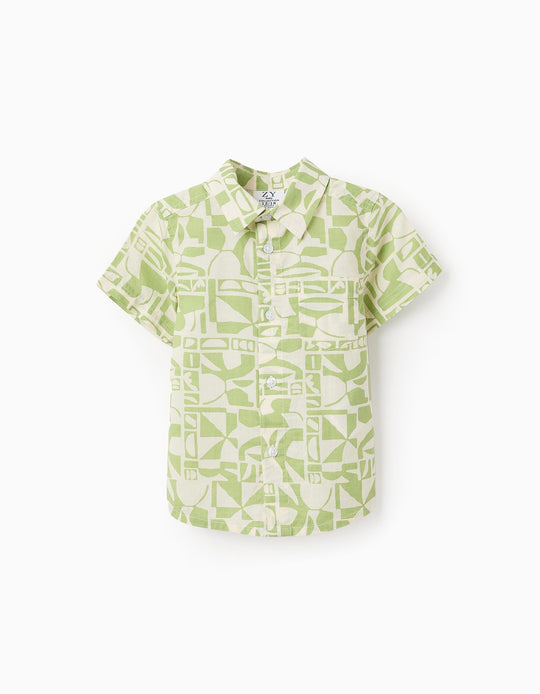 Short Sleeve Shirt with Pattern for Baby Boys, Green/White