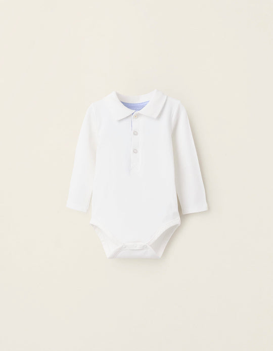 Long Sleeve Polo-Bodysuit for Newborn Boys, White