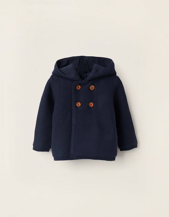 Hooded Cardigan with Pompom for Newborns, Dark Blue