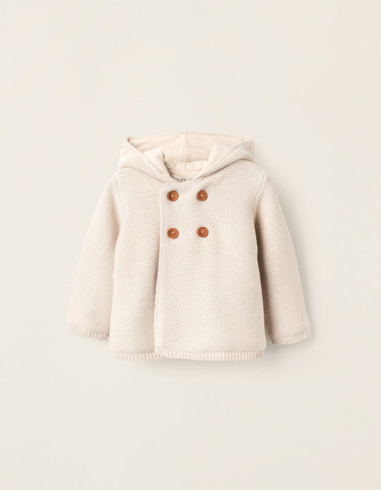 Hooded Cardigan with Pompom for Newborns, Beige