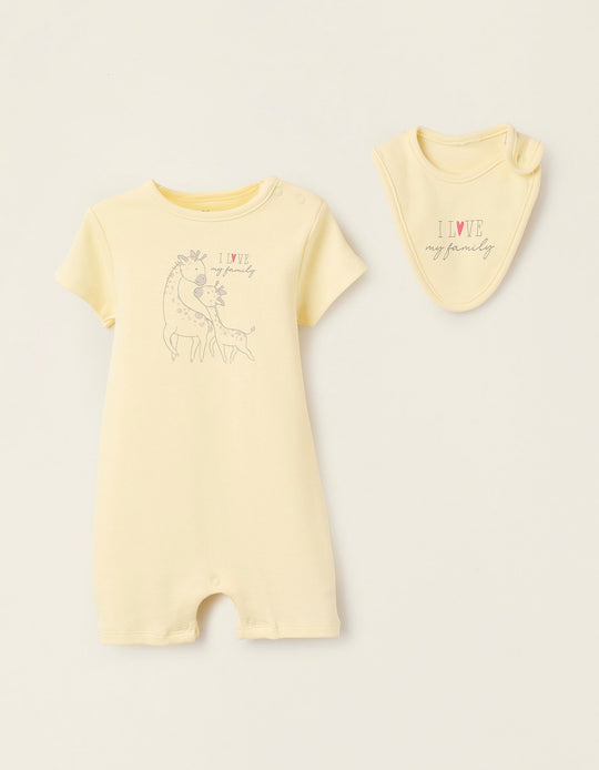 Romper + Bibs for Newborn Girls 'Giraffes', Yellow