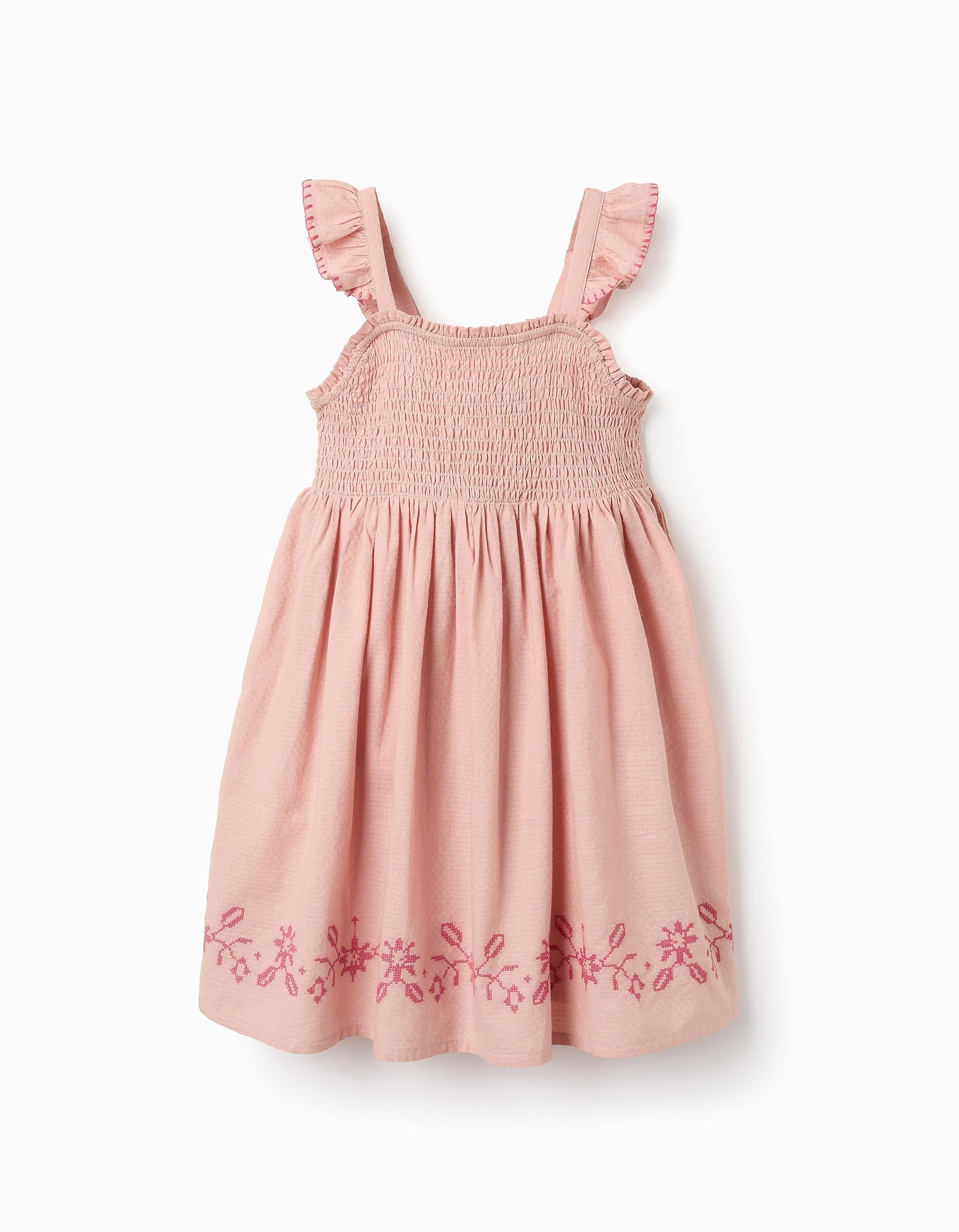 Dress with Texture and Cross-Stitch Embroidery for Girls, Pink | Ziddy KSA