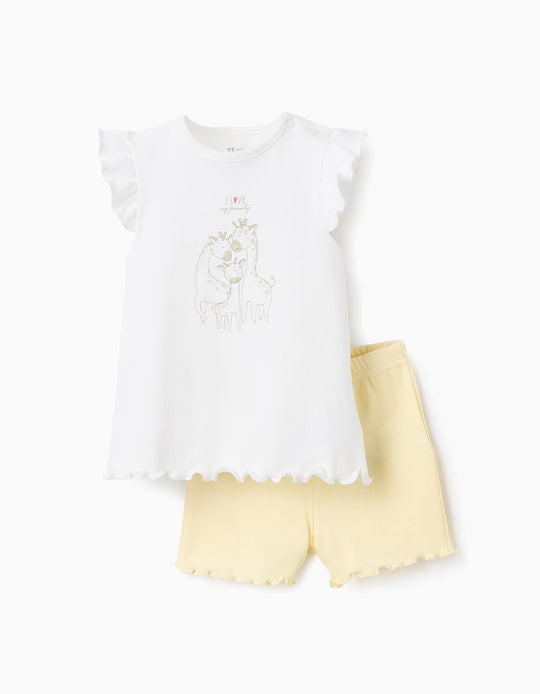 بيجاما قطن بكشاكش للبنات الرضع زرافة، أبيض/أصفر