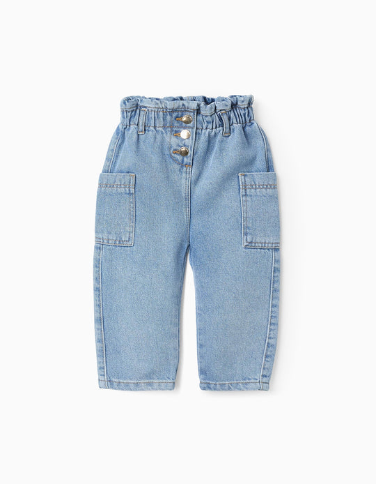Denim Trousers with Paperbag Waist for Baby Girls, Blue