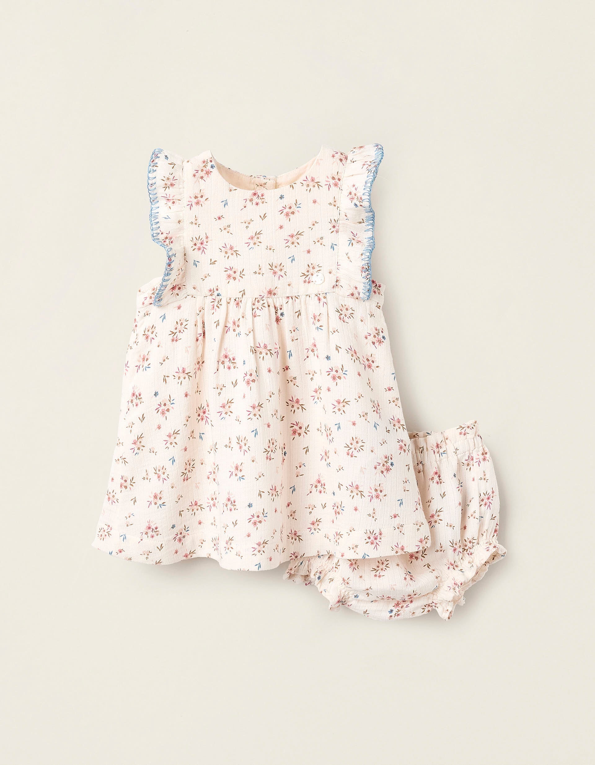 Floral Dress + Bloomers Set for Newborn Girls, Beige/Blue