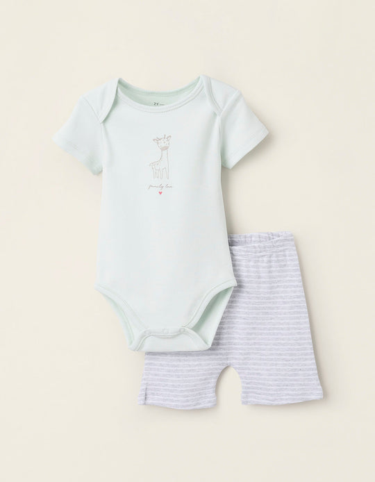 Bodysuit + Cotton Shorts for Baby Boys 'Giraffes', Grey/Green