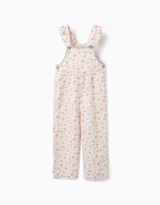 Floral Dungarees for Girls, Beige/Pink/Blue