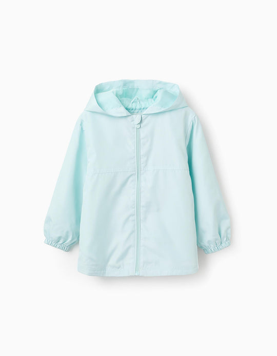 جاكيت بقبعة مقاوم للرياح للبنات، أخضر مائي