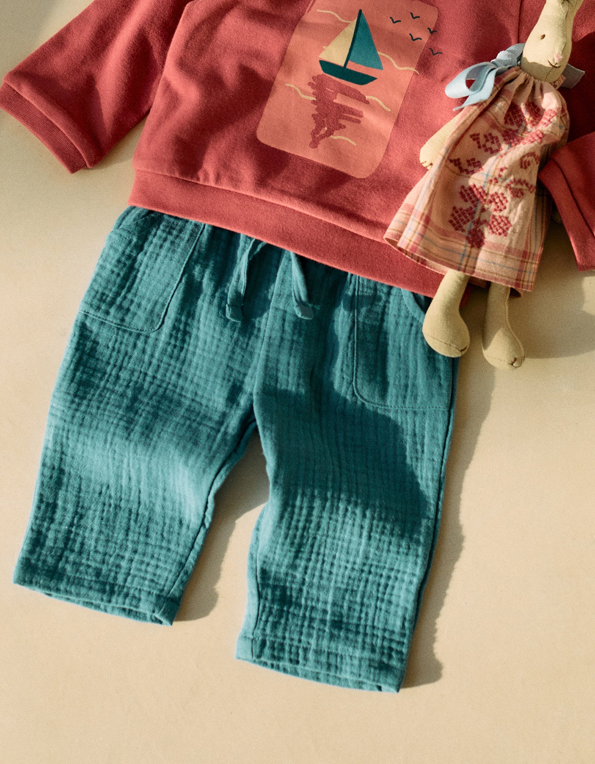 Cotton Muslin Trousers for Newborns, Turquoise