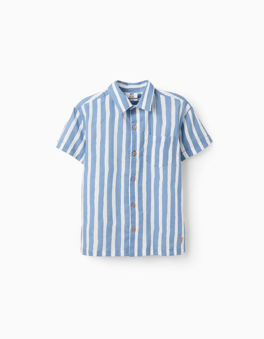 قميص قطني مخطط للأولاد، أزرق/أبيض