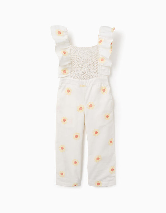Cotton and Linen Jumpsuit with Flowers and Crochet for Girls, White