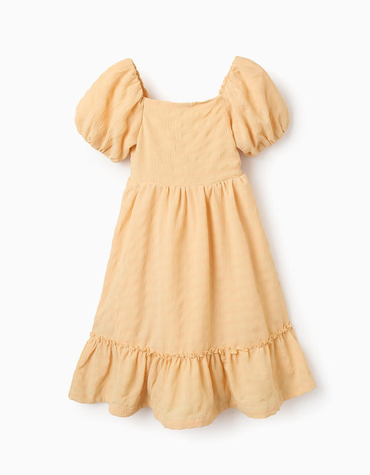 Peasant Dress in Dobby Fabric for Girls, Yellow