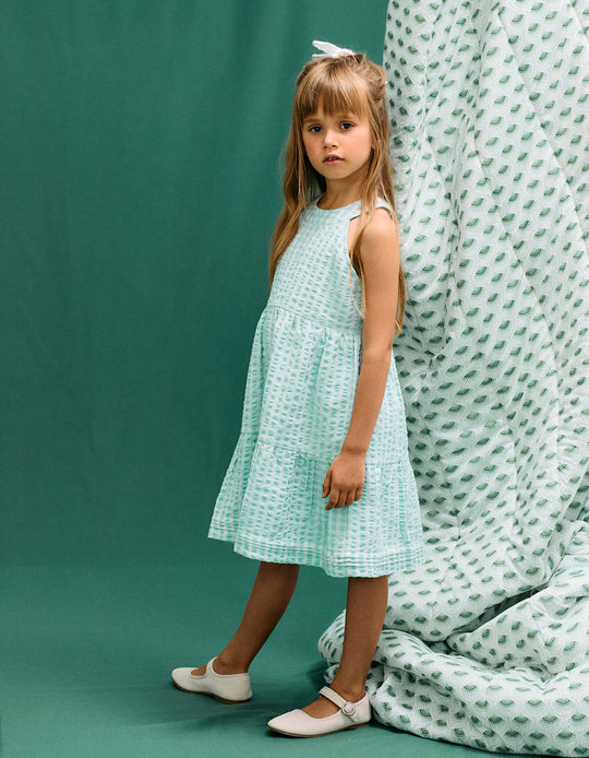 Vichy Textured Dress for Girls 'B&S', Aqua Green/White