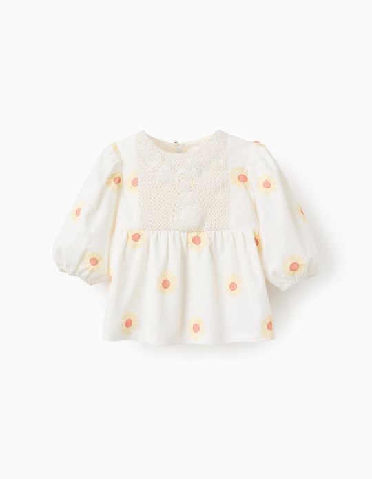 بلوزة قطنية وكتان بنقشة زهور وكروشيه للبنات، أبيض