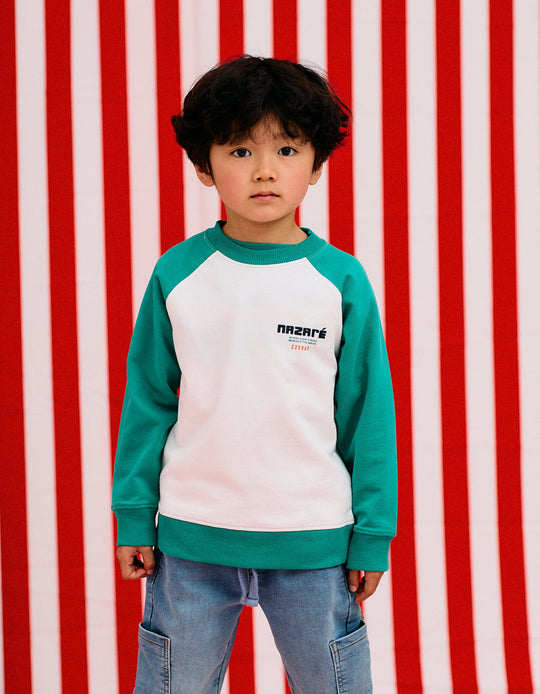 سويت شيرت بأكمام راجلان للأولاد نازاريه، أبيض/أخضر