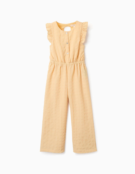 Dobby Fabric Jumpsuit with Ruffles for Girls, Yellow