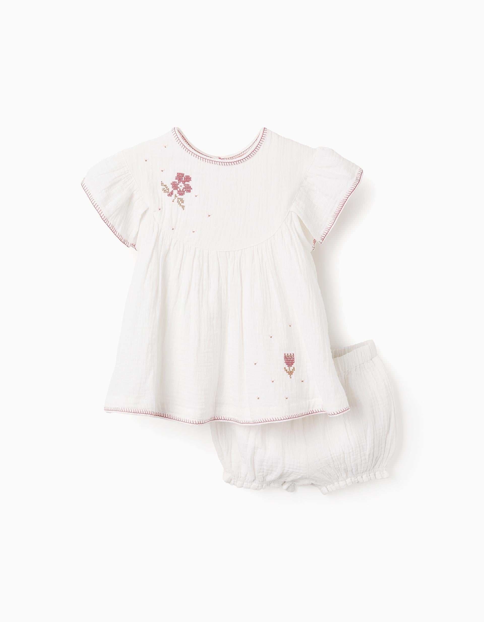 Dress + Bloomers with Cross-Stitch for Baby Girls, White