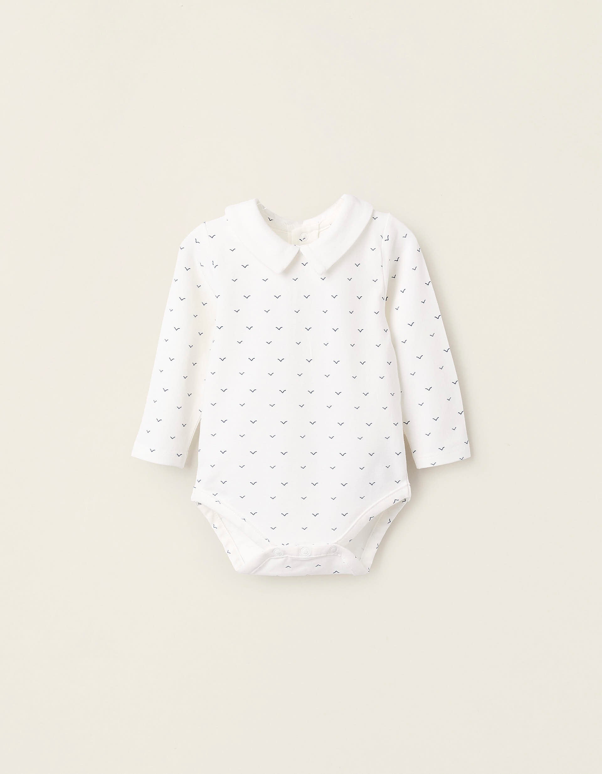 Bodysuit with Bird Motif for Newborn Boys, White