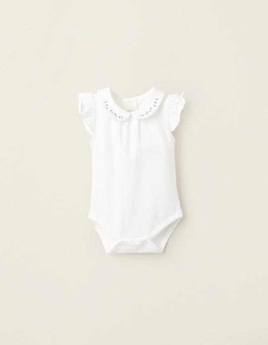 Bodysuit with Embroidery and Ruffles for Newborn Girls, White/Green/Blue