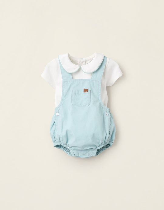 Bodysuit + Short Jumpsuit for Newborn Boys, White/Aqua Green