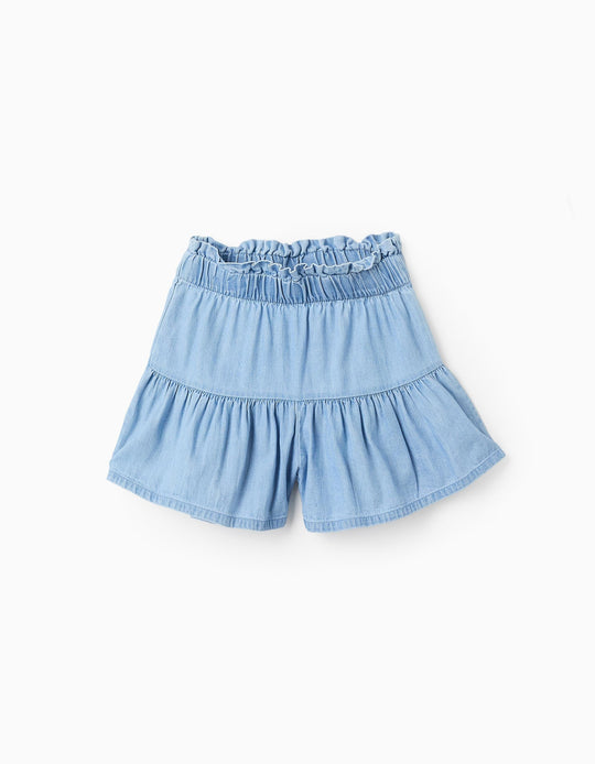 Denim Twill Shorts with Ruffles for Girls, Blue