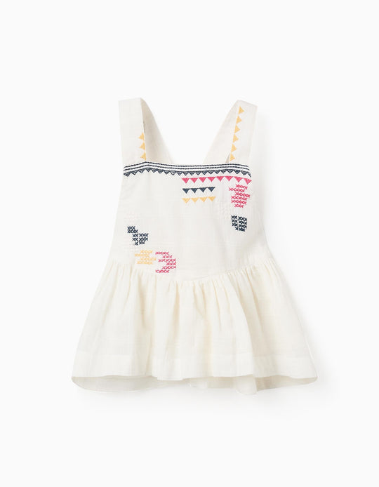 Dobby Fabric Top with Embroidery for Girls, White