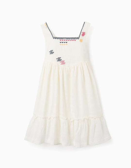 Dobby Fabric Dress with Embroidery for Girls, White