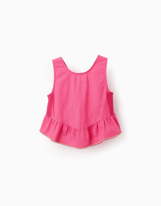 توب قطن وكتان مزين بخرز للبنات، وردي