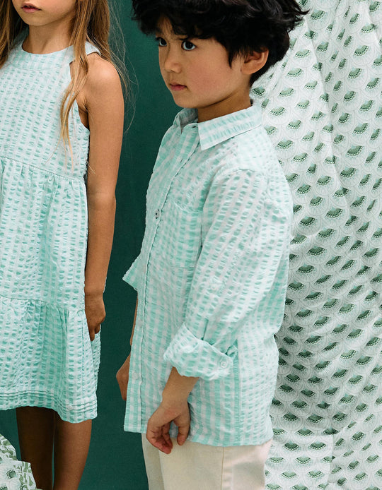 Vichy Textured Shirt for Boys 'B&S', Aqua Green/White