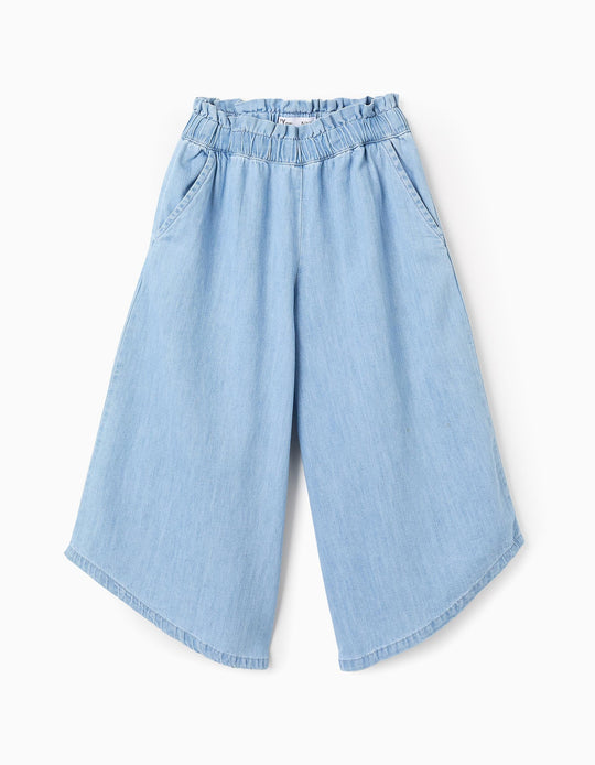 بنطال جينز بخصر ورقي للبنات واسع الساق، أزرق فاتح