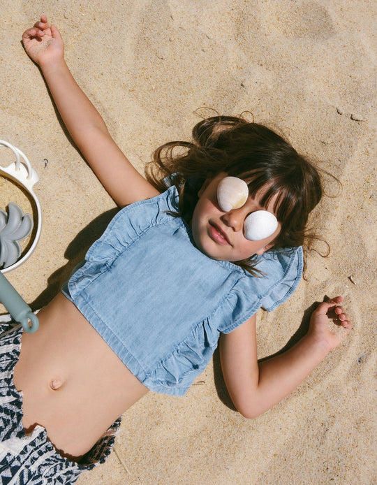 توب بكتف مكشكش للبنات، أزرق