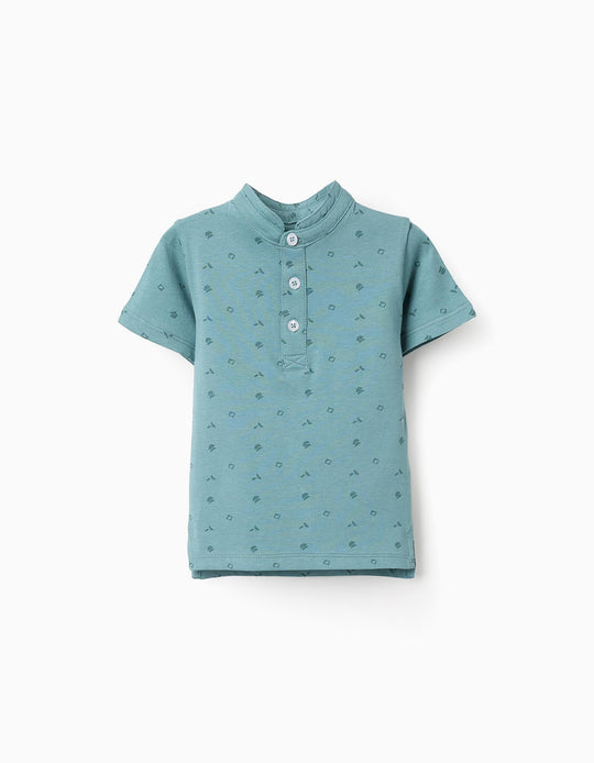 Cotton T-shirt with Mao Collar and Motif for Baby Boys, Green