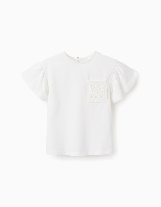 تيشيرت قطن بتفاصيل كروشيه للبنات، أبيض