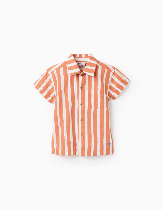 Cotton Striped Shirt for Baby Boys, Orange/White
