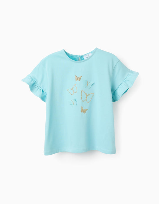 Cotton T-shirt with 3D Butterflies for Girls, Blue