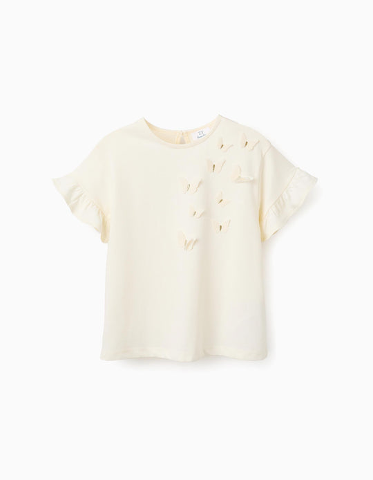 تيشيرت قطن بفراشات ثلاثية الأبعاد للفتيات، بيج