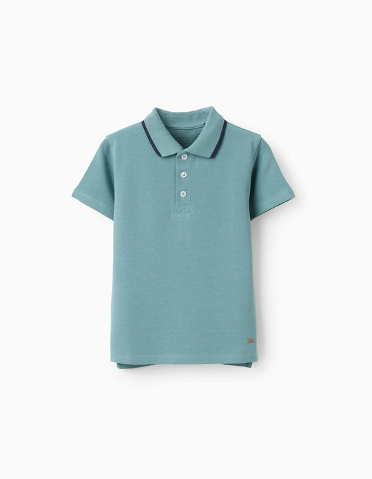 Cotton Piqué Polo Shirt with Stripe on the Collar for Boys, Turquoise