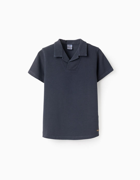 V-neck Cotton Piqué Polo for Boys, Dark Blue