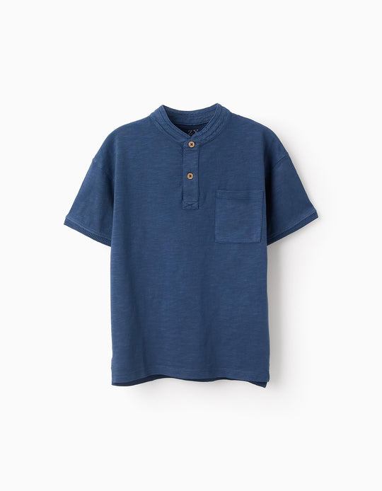 Cotton T-shirt with Mao Collar for Boys, Blue