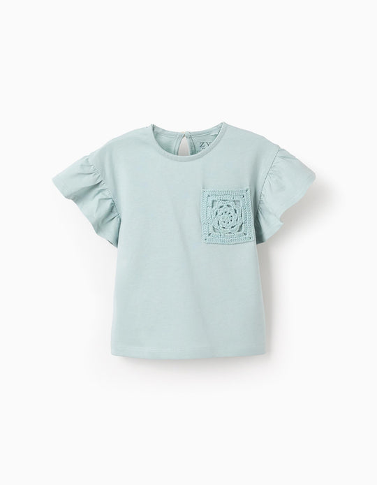 تيشيرت بكشكش وجيب كروشيه للبنات الرضع، أزرق فاتح