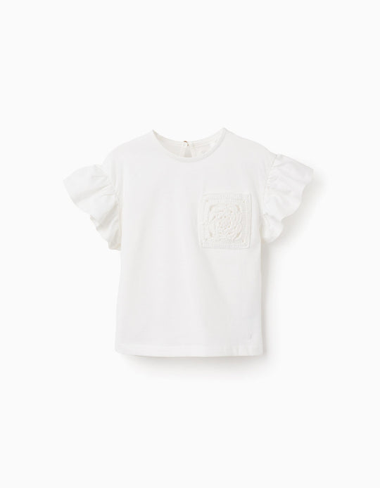 تيشيرت بكشكش وجيب كروشيه للبنات الرضع، أبيض
