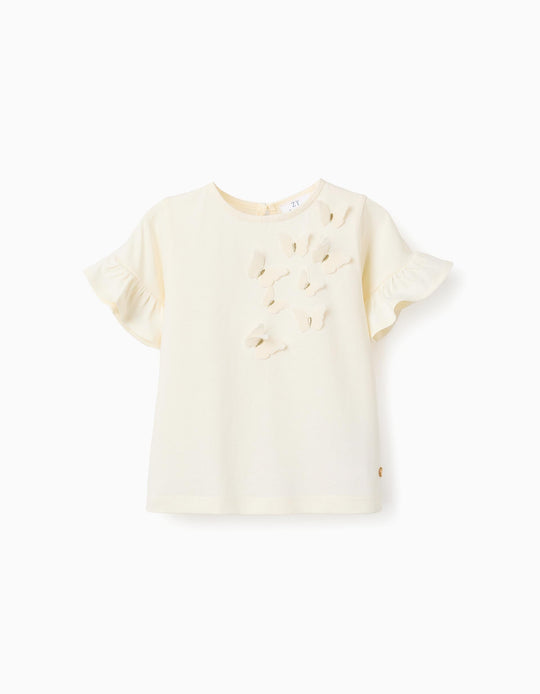 تيشيرت قطن بفراشات ثلاثية الأبعاد للفتيات الرضع، بيج