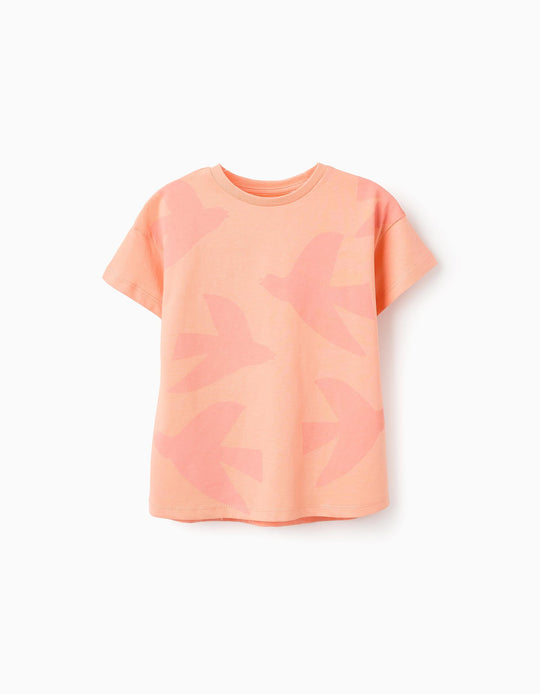 Cotton T-shirt with Motif for Girls 'Birds', Coral