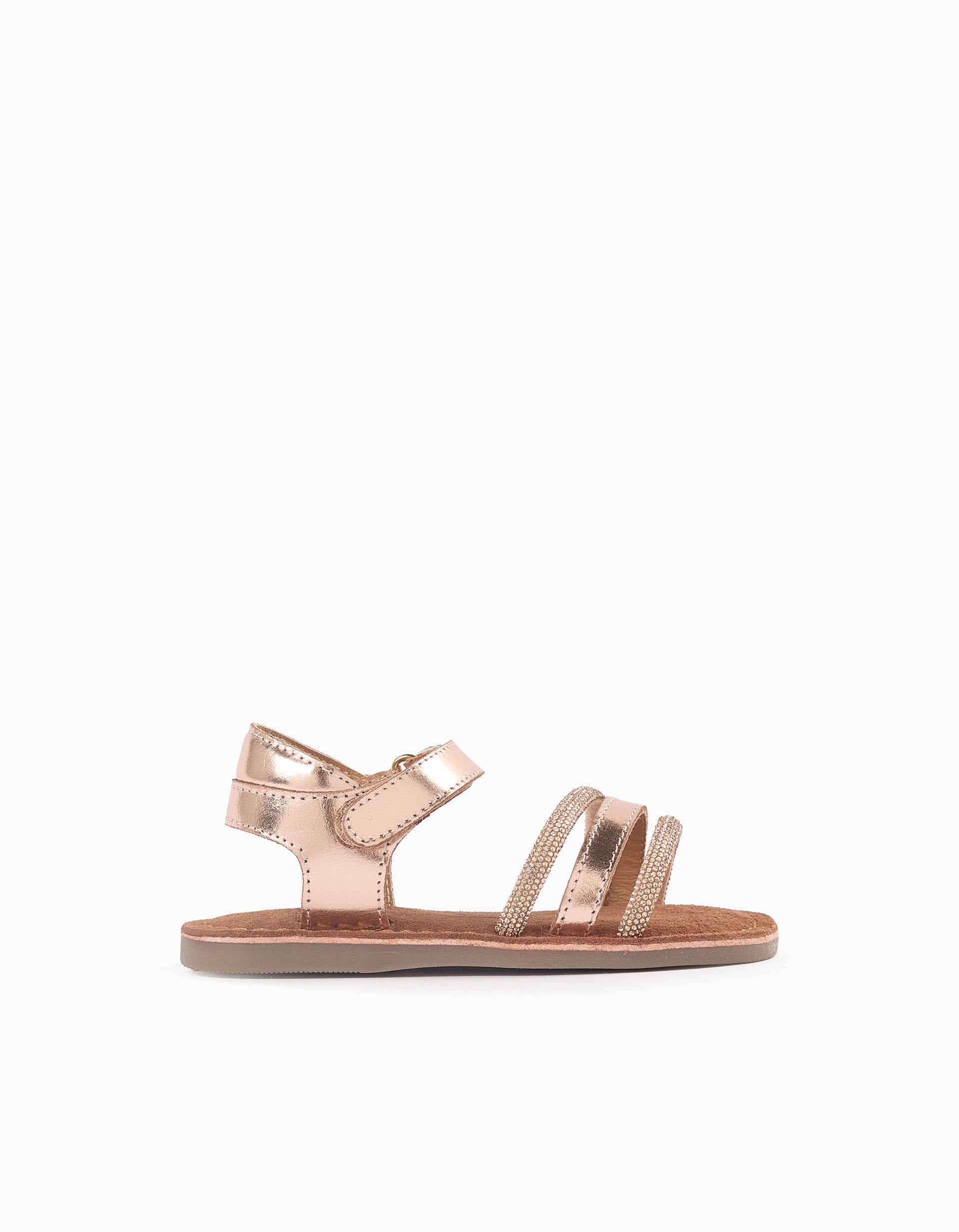 Leather Sandals with Strass for Baby Girls, Gold Pink | La vie en Rose | KSA