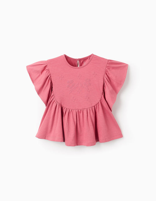 T-shirt with Ruffles and Cross-Stitch Print for Girls, Pink