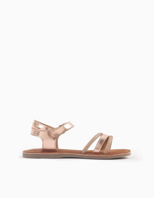 صندل جلد مزين بالسترَس للبنات، ذهبي وردي
